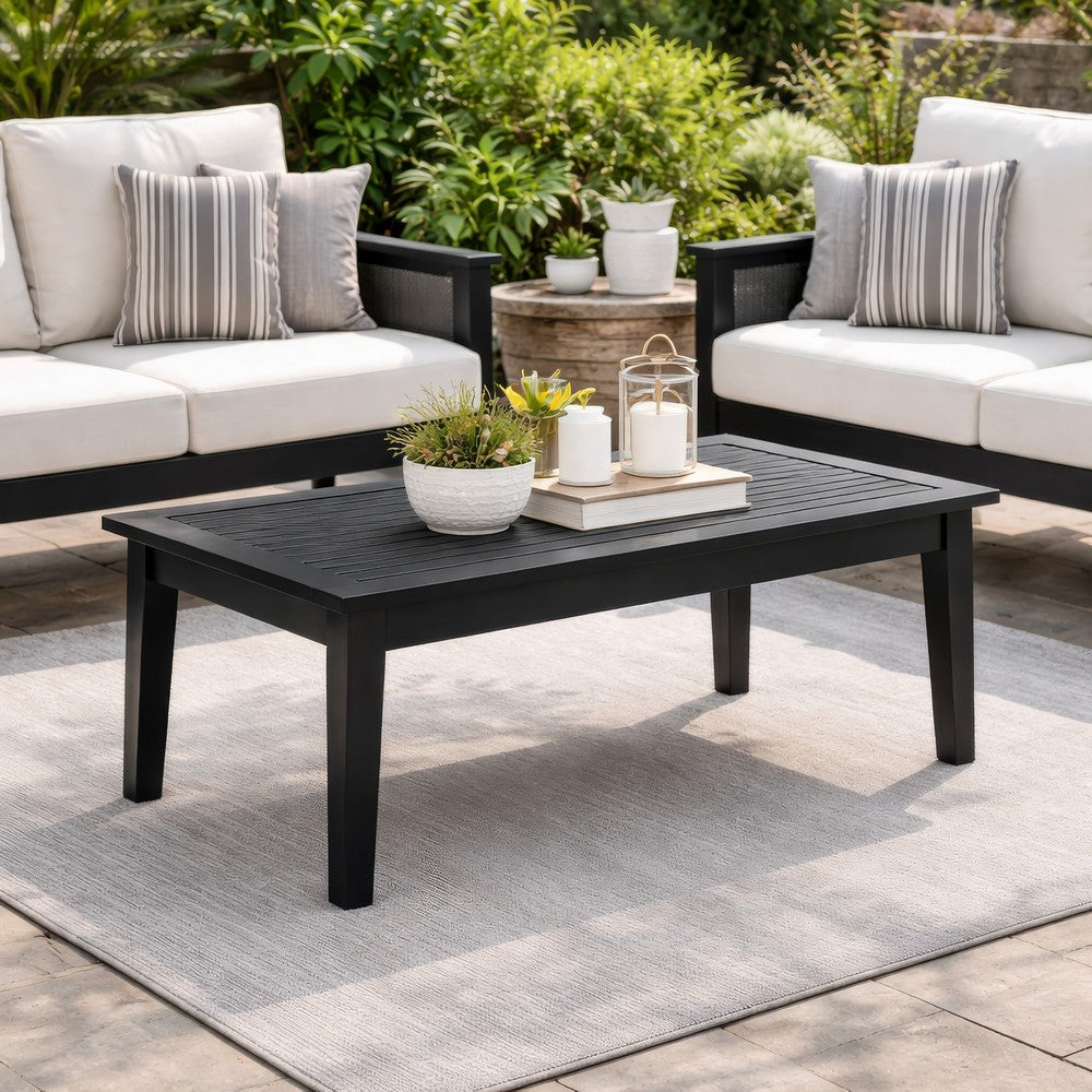 Benjara Fini 44 Inch Outdoor Coffee Table, Slatted Top, Modern Style, Black Finish