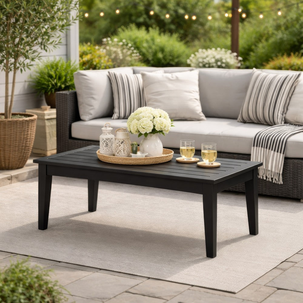 Benjara Fini 44 Inch Outdoor Coffee Table, Slatted Top, Modern Style, Black Finish