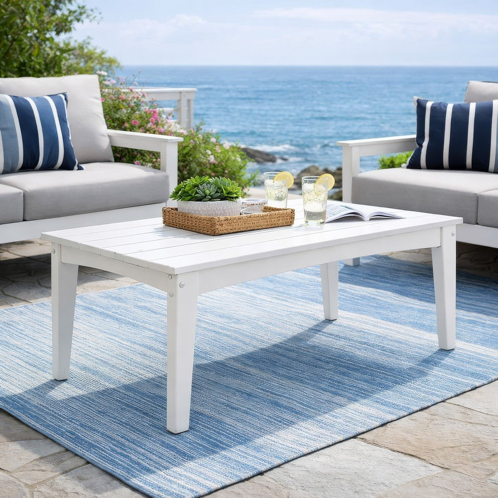 Benjara Fini 44 Inch Outdoor Coffee Table, Slatted Top, Modern Style, White Finish