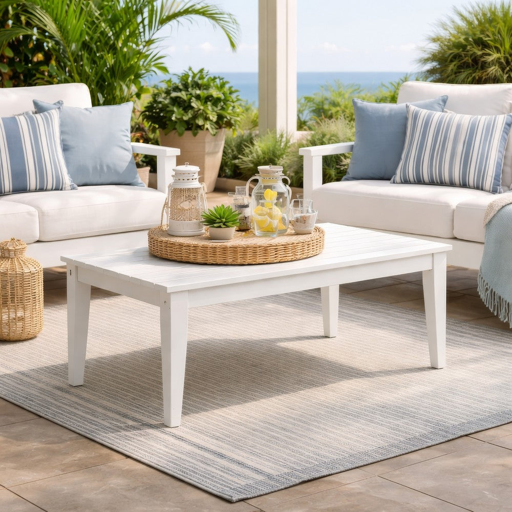 Benjara Fini 44 Inch Outdoor Coffee Table, Slatted Top, Modern Style, White Finish