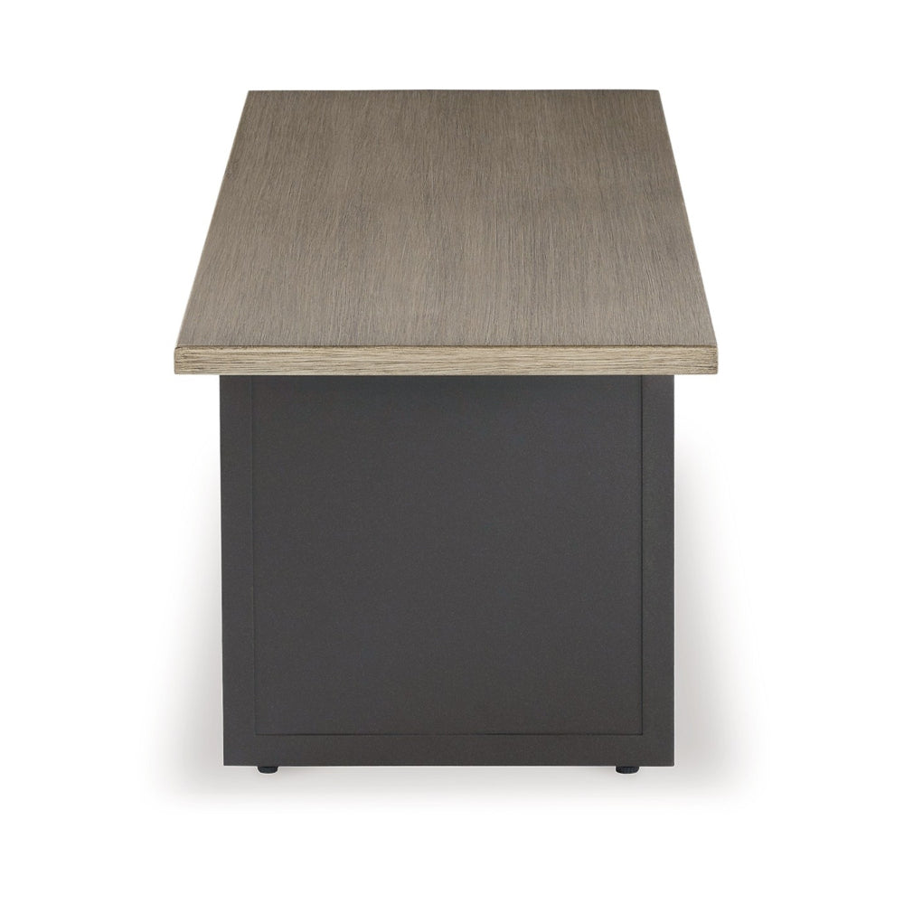 Benjara 38 Inch Outdoor Table, Rectangular Faux Wood Top, Modern Two Tone Brown