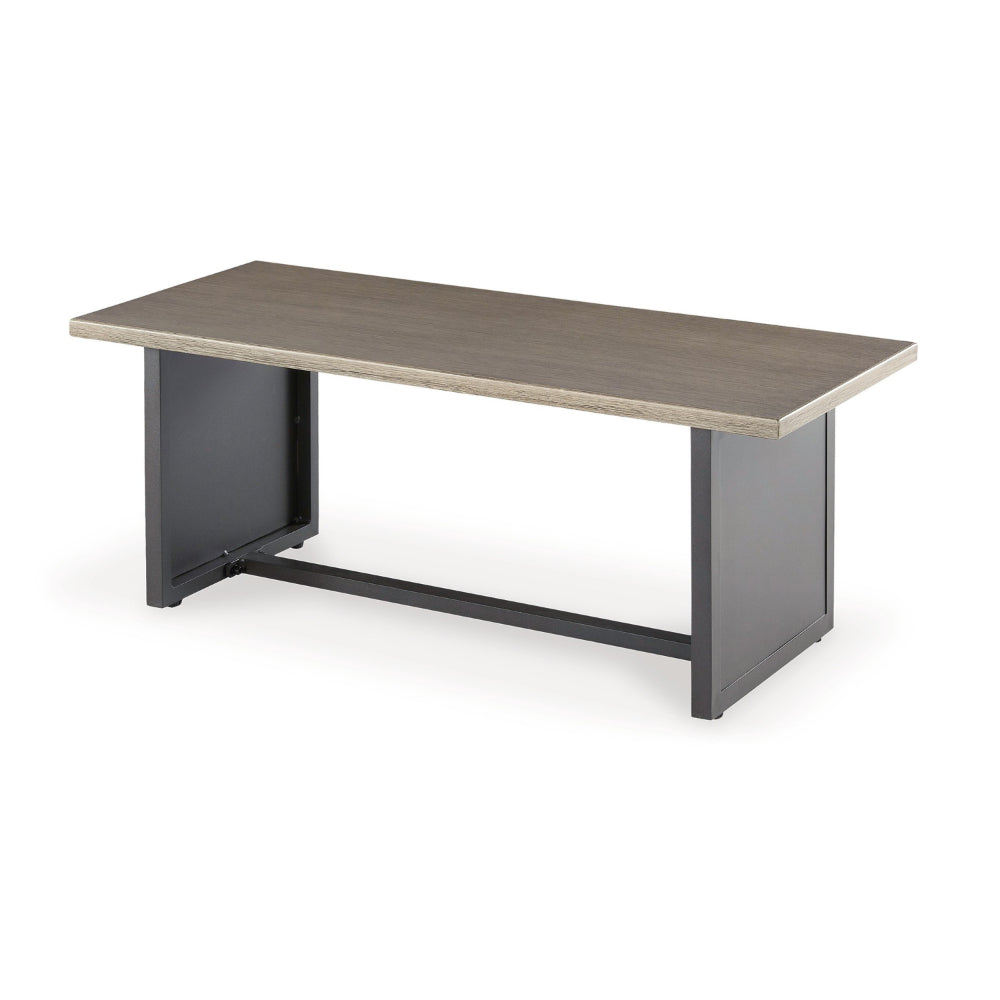 Benjara 38 Inch Outdoor Table, Rectangular Faux Wood Top, Modern Two Tone Brown