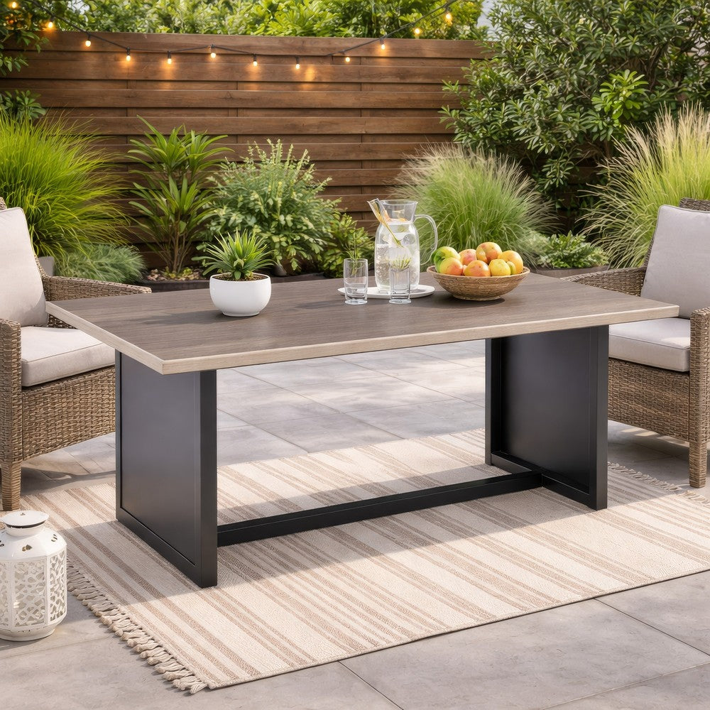 Benjara 38 Inch Outdoor Table, Rectangular Faux Wood Top, Modern Two Tone Brown