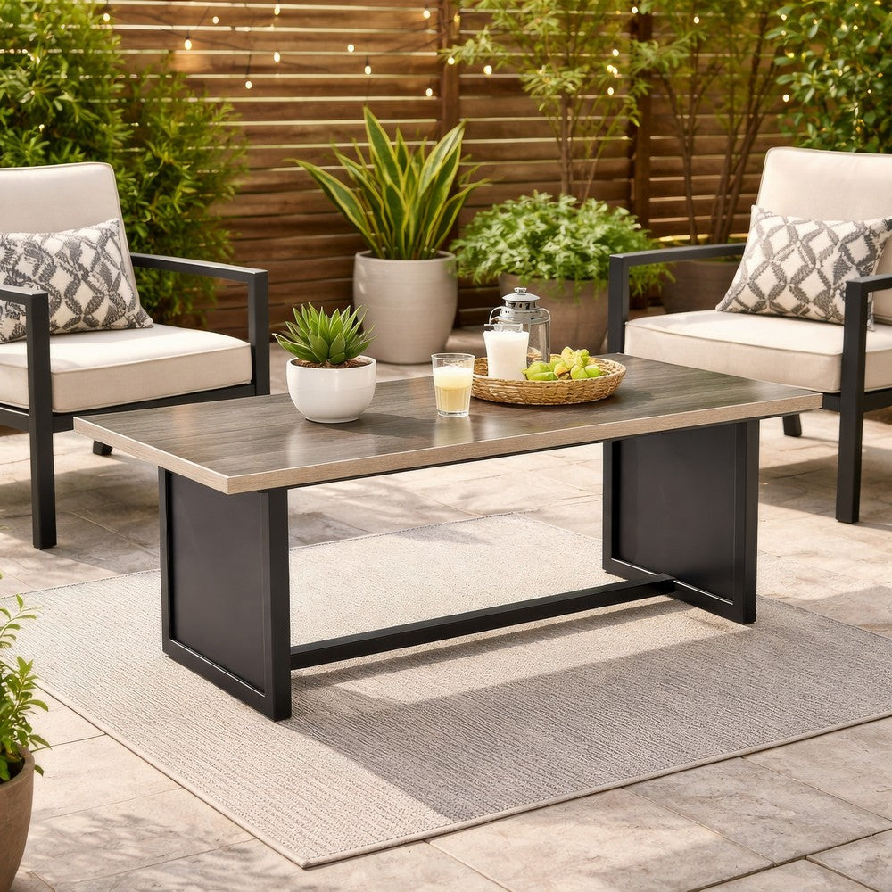 Benjara 38 Inch Outdoor Table, Rectangular Faux Wood Top, Modern Two Tone Brown