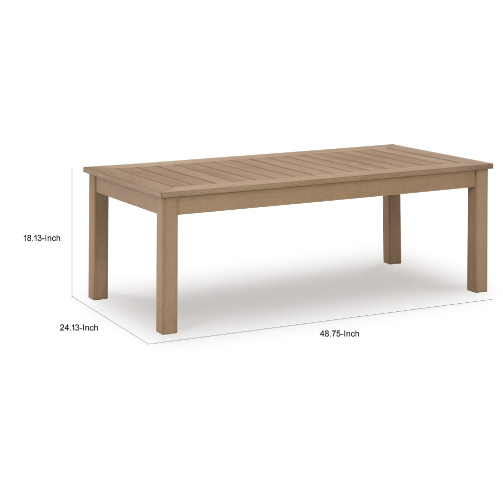Benjara Karo 49 Inch Outdoor Coffee Table, Slatted Top, Modern Style, Natural Brown
