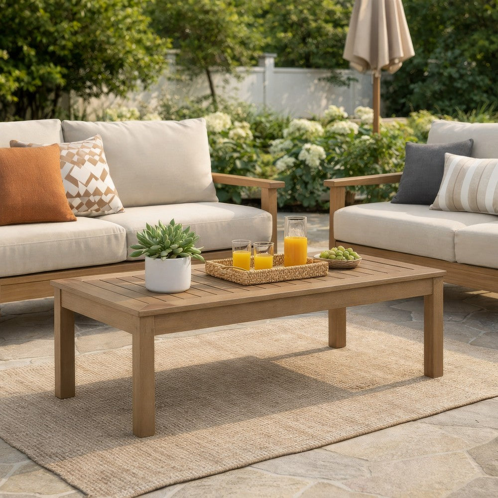 Benjara Karo 49 Inch Outdoor Coffee Table, Slatted Top, Modern Style, Natural Brown