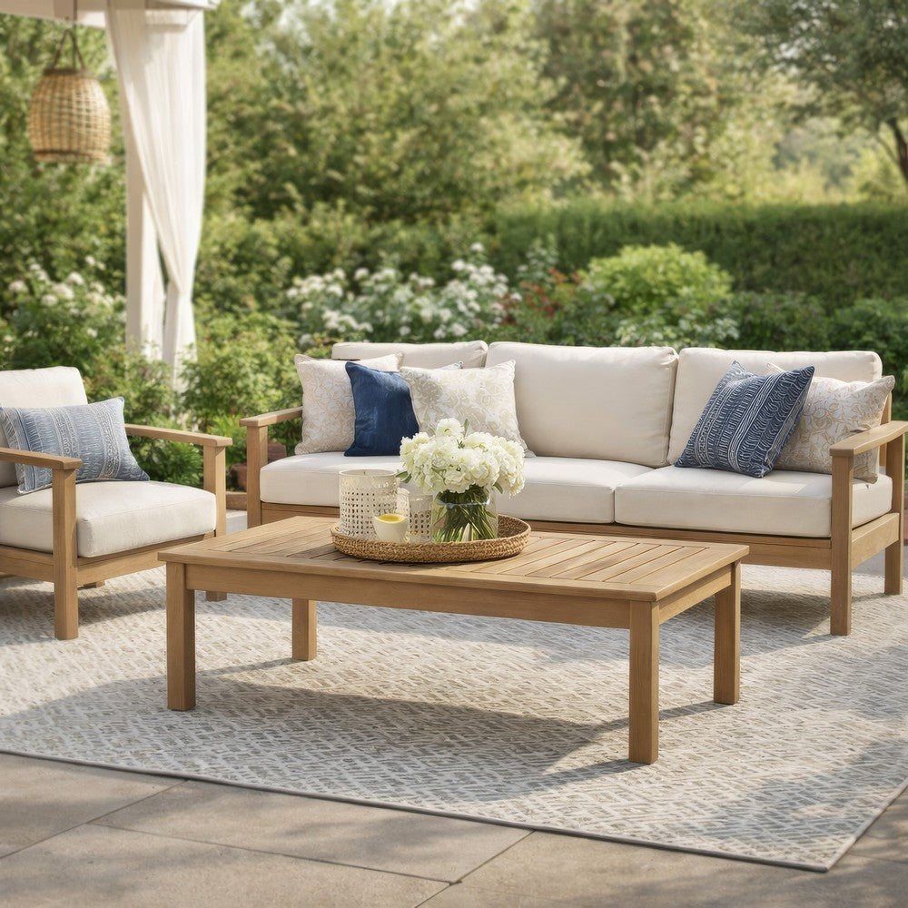 Benjara Karo 49 Inch Outdoor Coffee Table, Slatted Top, Modern Style, Natural Brown