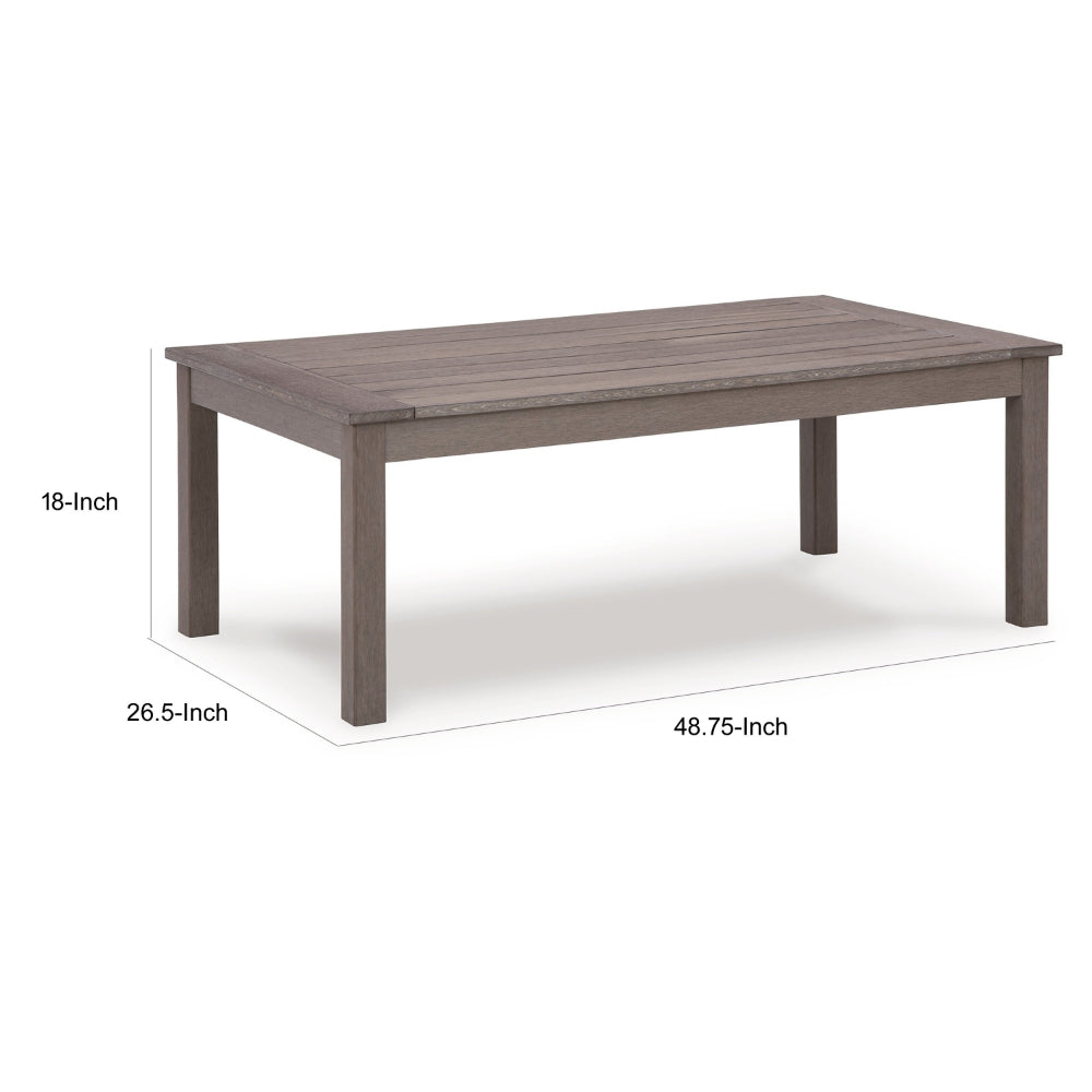 Benjara Karo 49 Inch Outdoor Coffee Table, Slatted Top, Modern Style, Taupe Brown