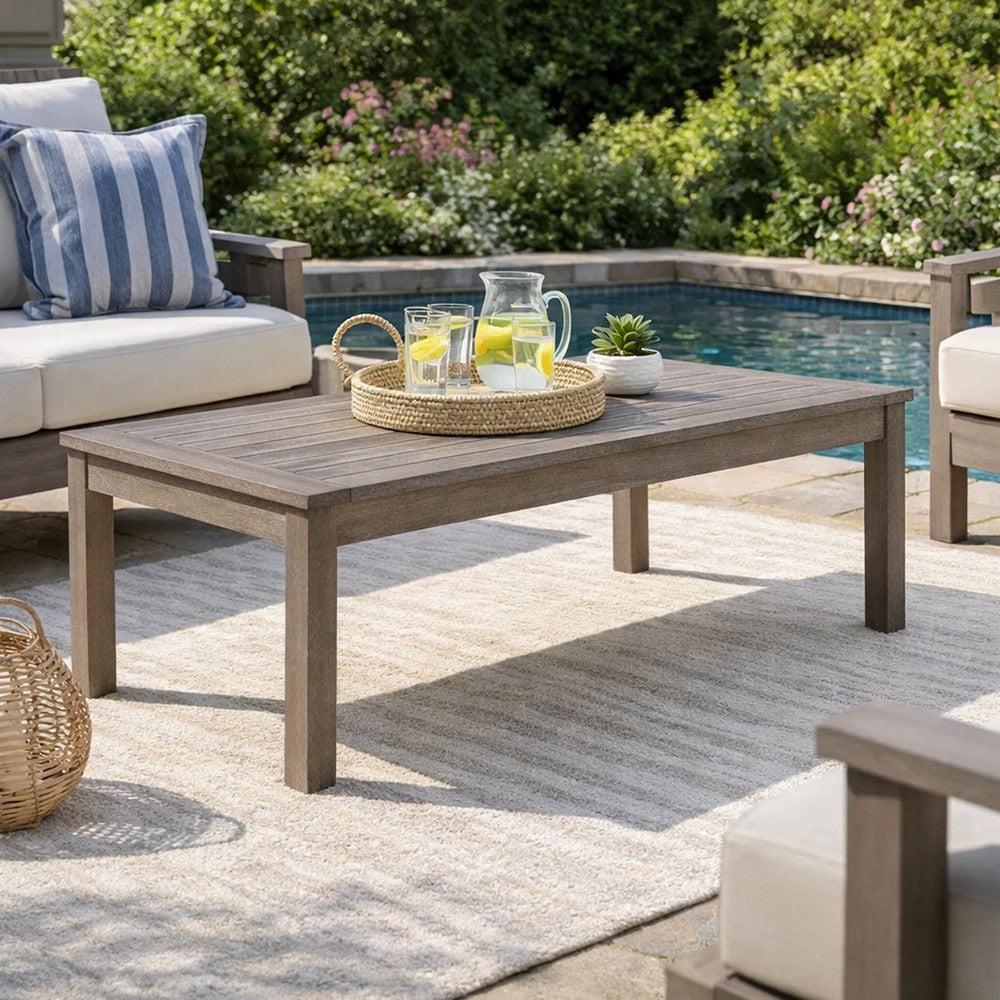 Benjara Karo 49 Inch Outdoor Coffee Table, Slatted Top, Modern Style, Taupe Brown