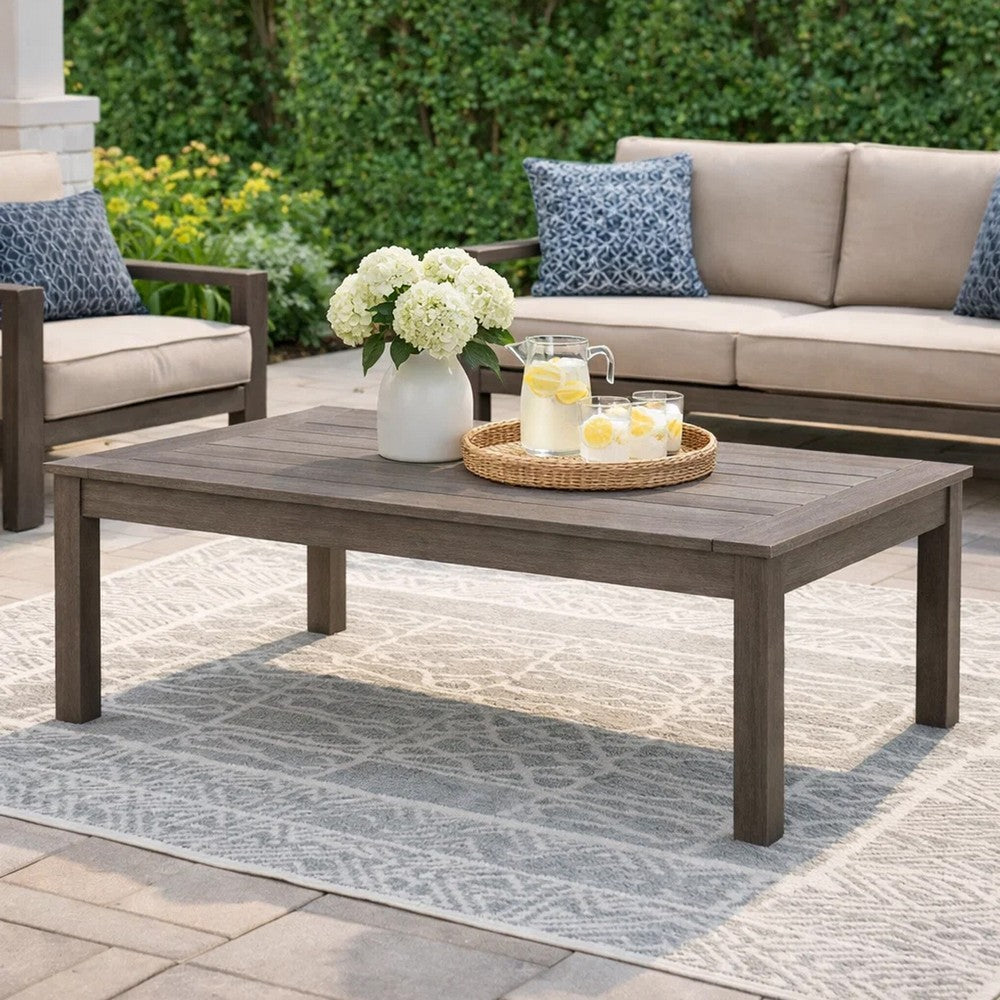 Benjara Karo 49 Inch Outdoor Coffee Table, Slatted Top, Modern Style, Taupe Brown