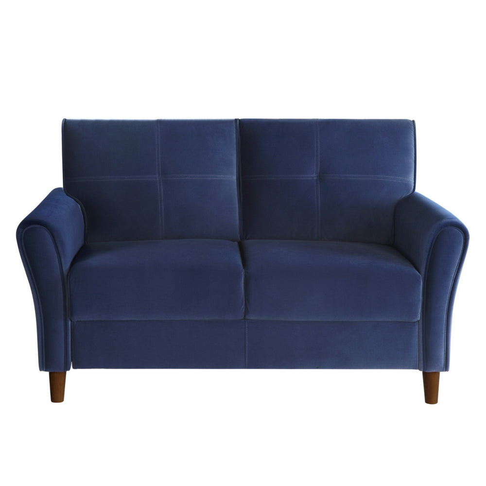 Benjara Sarah 57 Inch Loveseat, Blue Velvet, Stitch Tufting, Reversible Cushions