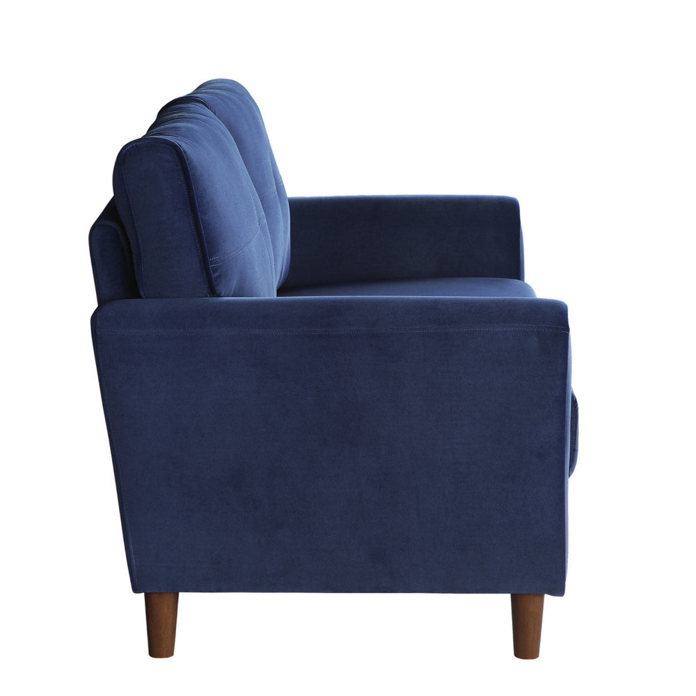 Benjara Sarah 57 Inch Loveseat, Blue Velvet, Stitch Tufting, Reversible Cushions