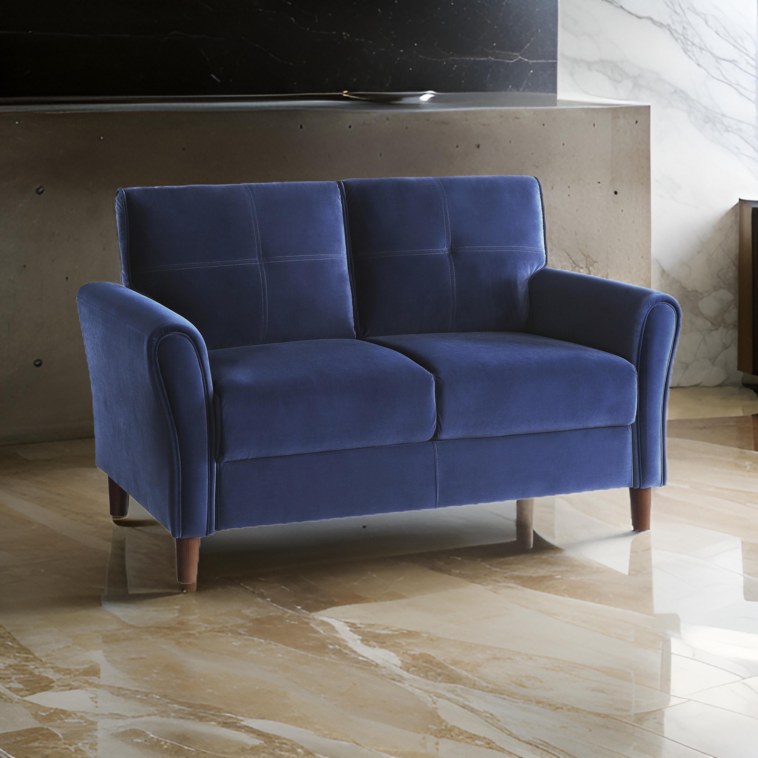 Benjara Sarah 57 Inch Loveseat, Blue Velvet, Stitch Tufting, Reversible Cushions
