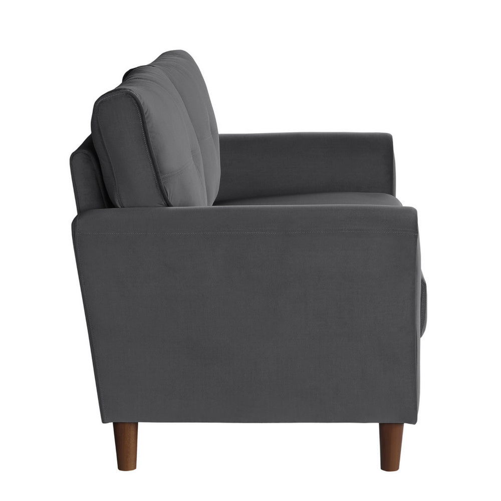 Benjara Sarah 57 Inch Loveseat, Gray Velvet, Stitch Tufting, Reversible Cushions