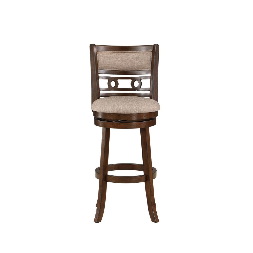 Benjara Gary 29 Inch Swivel Barstool, Cushioned Seat And Open Back, Cherry Brown