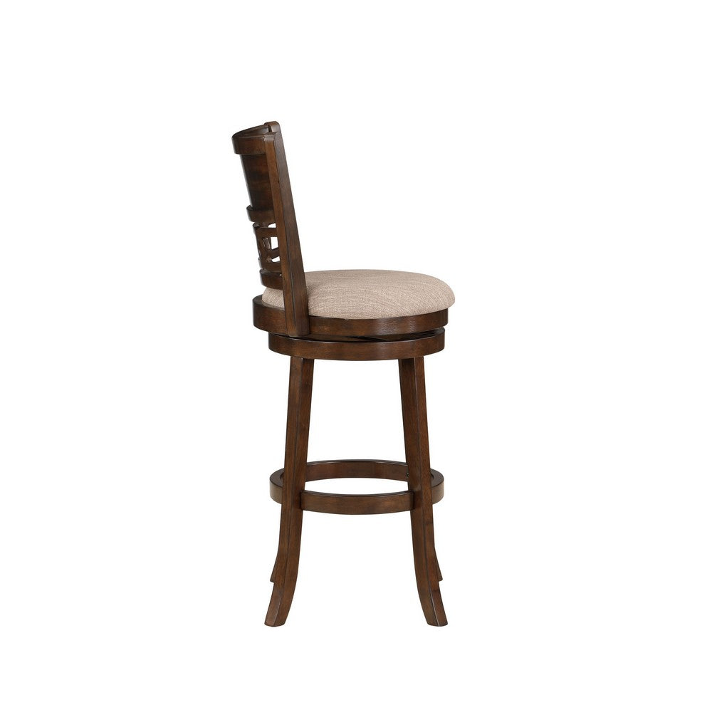 Benjara Gary 29 Inch Swivel Barstool, Cushioned Seat And Open Back, Cherry Brown