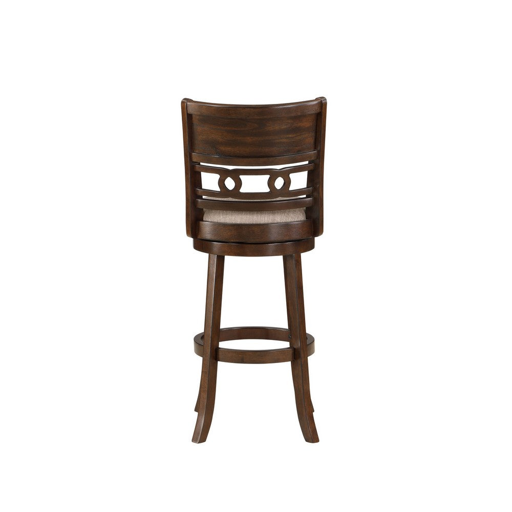 Benjara Gary 29 Inch Swivel Barstool, Cushioned Seat And Open Back, Cherry Brown
