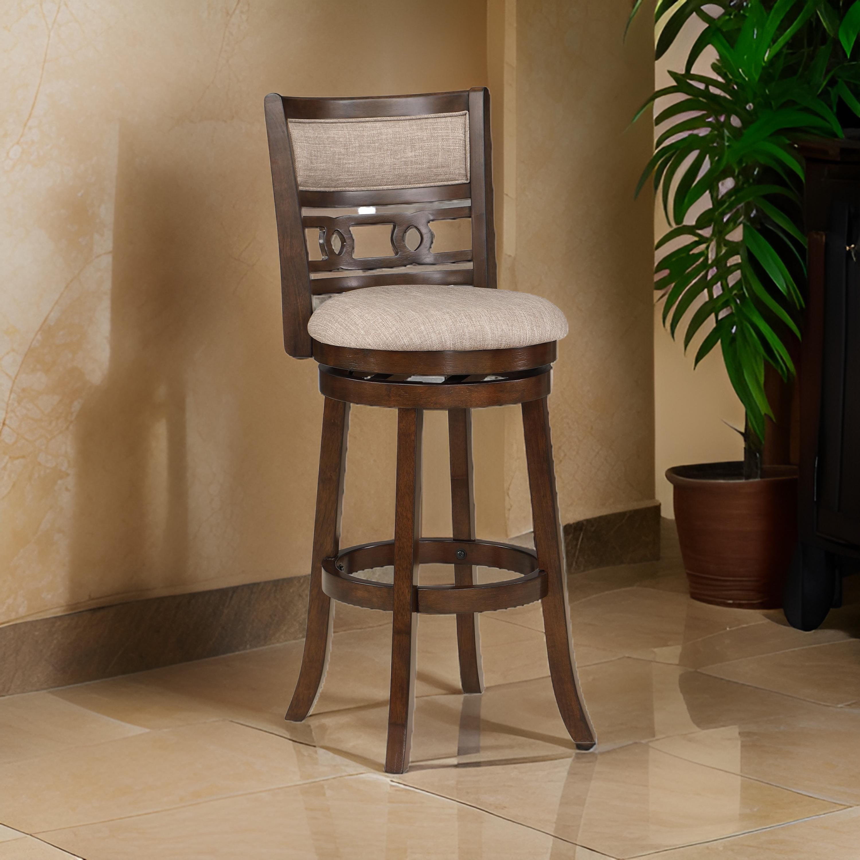 Benjara Gary 29 Inch Swivel Barstool, Cushioned Seat And Open Back, Cherry Brown