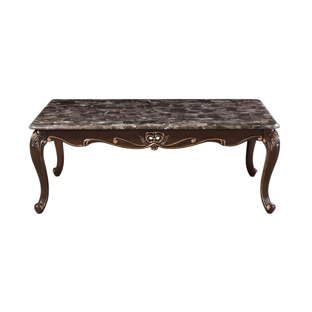 Benjara Cona 54 Inch Cocktail Coffee Table, Carved Gold Accent, Cherry Brown, Gray