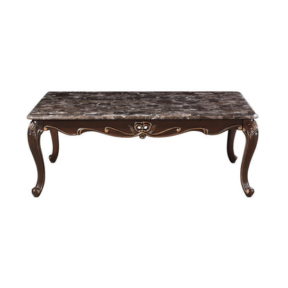 Benjara Cona 54 Inch Cocktail Coffee Table, Carved Gold Accent, Cherry Brown, Gray
