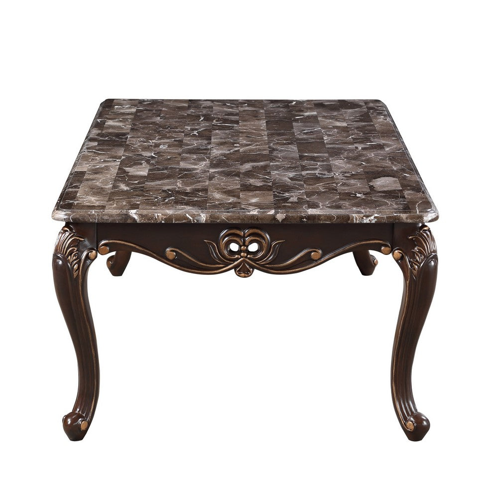 Benjara Cona 54 Inch Cocktail Coffee Table, Carved Gold Accent, Cherry Brown, Gray