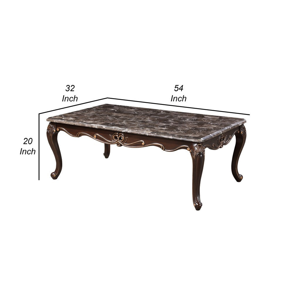 Benjara Cona 54 Inch Cocktail Coffee Table, Carved Gold Accent, Cherry Brown, Gray