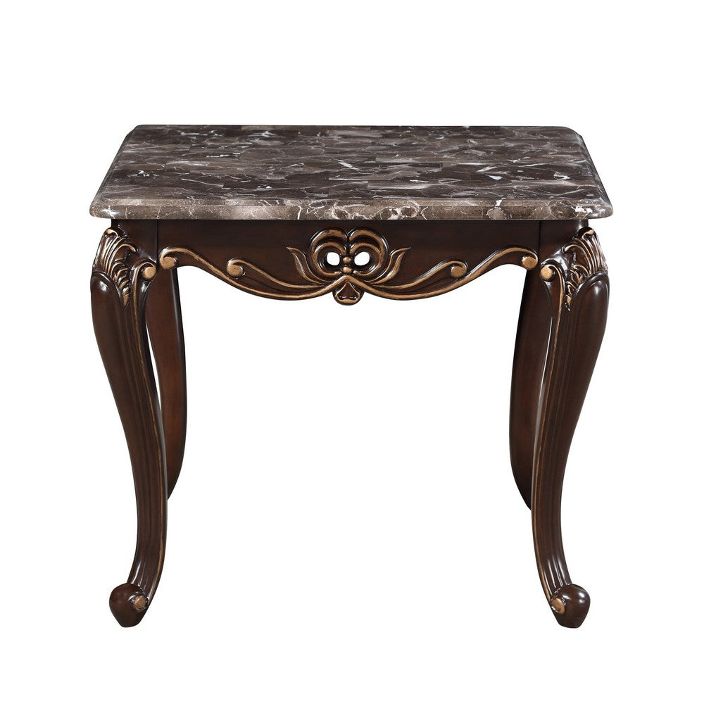 Benjara Cona 28 Inch Side End Table, Carved Gold Accents, Cherry Brown, Gray White