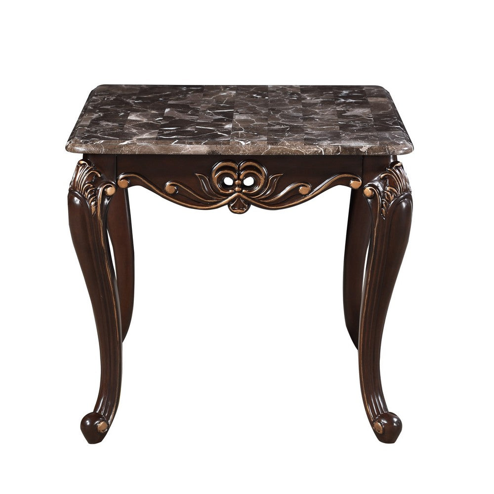 Benjara Cona 28 Inch Side End Table, Carved Gold Accents, Cherry Brown, Gray White