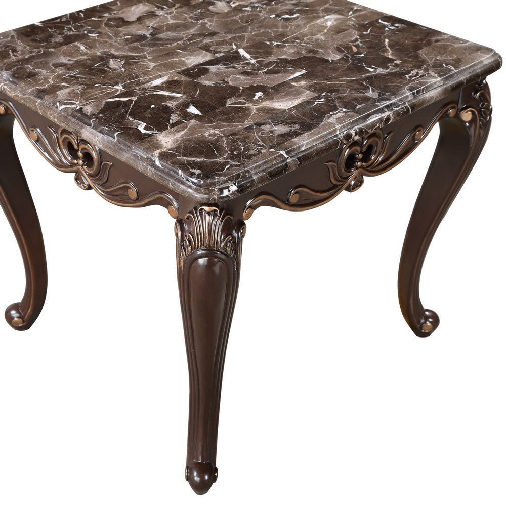 Benjara Cona 28 Inch Side End Table, Carved Gold Accents, Cherry Brown, Gray White