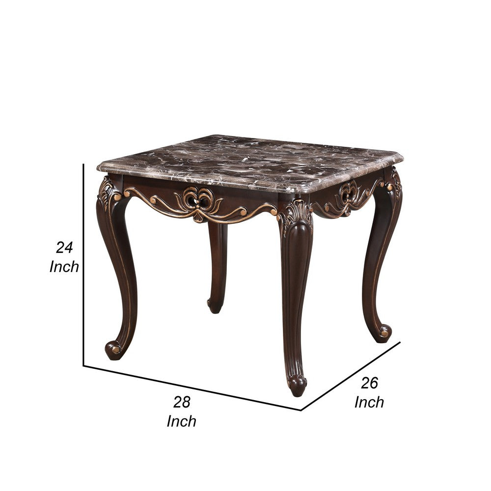 Benjara Cona 28 Inch Side End Table, Carved Gold Accents, Cherry Brown, Gray White