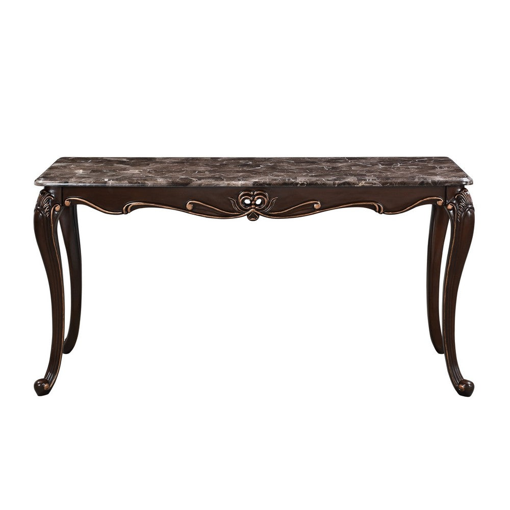 Benjara Cona 58 Inch Console Table, Carved Gold Accents, Cherry Brown, Gray, White