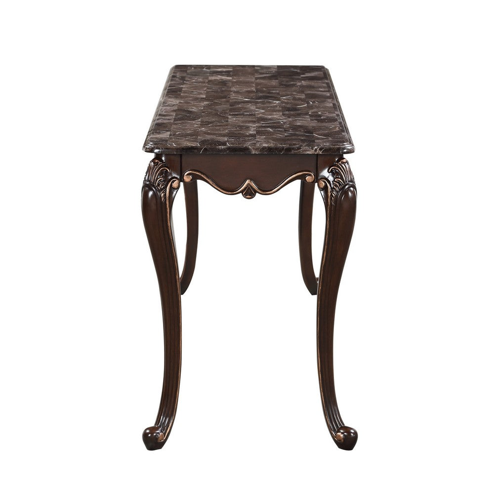 Benjara Cona 58 Inch Console Table, Carved Gold Accents, Cherry Brown, Gray, White