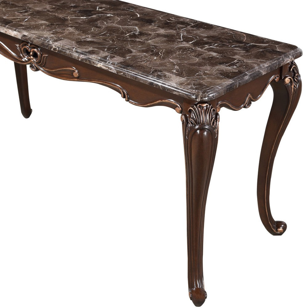 Benjara Cona 58 Inch Console Table, Carved Gold Accents, Cherry Brown, Gray, White