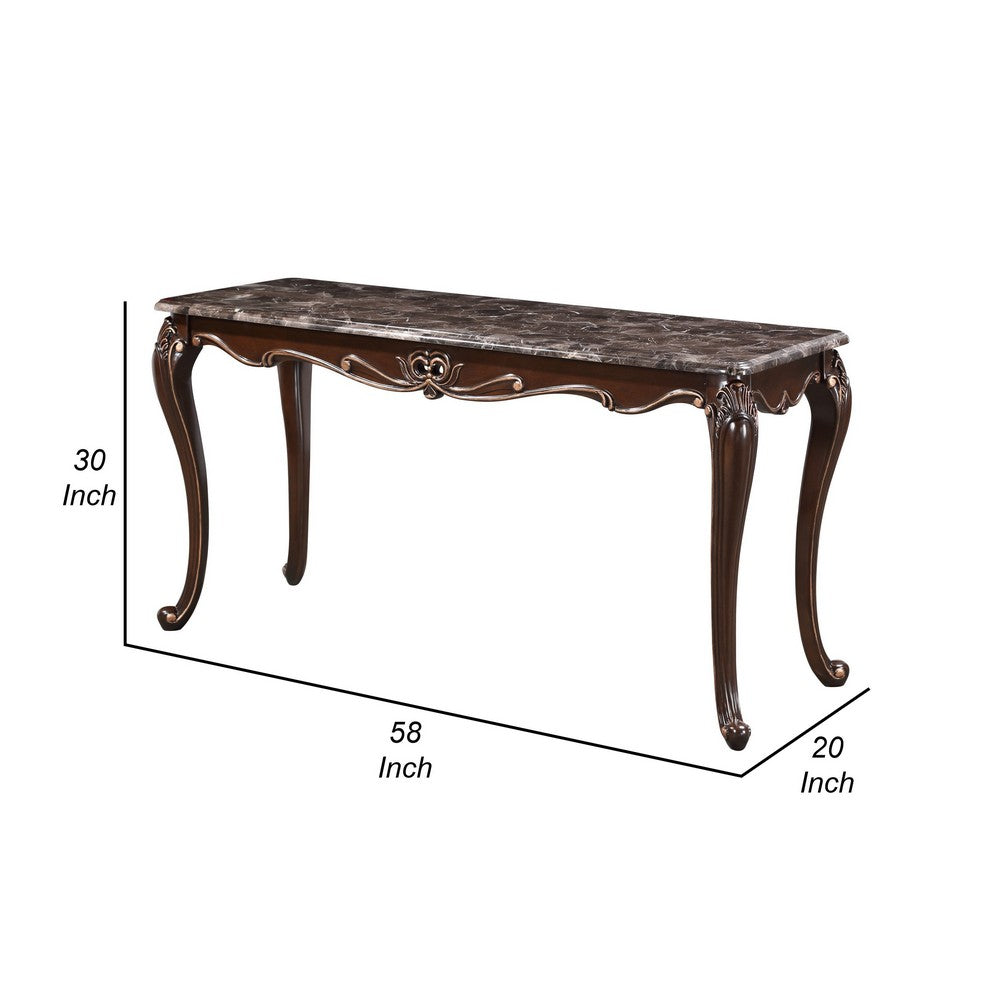 Benjara Cona 58 Inch Console Table, Carved Gold Accents, Cherry Brown, Gray, White