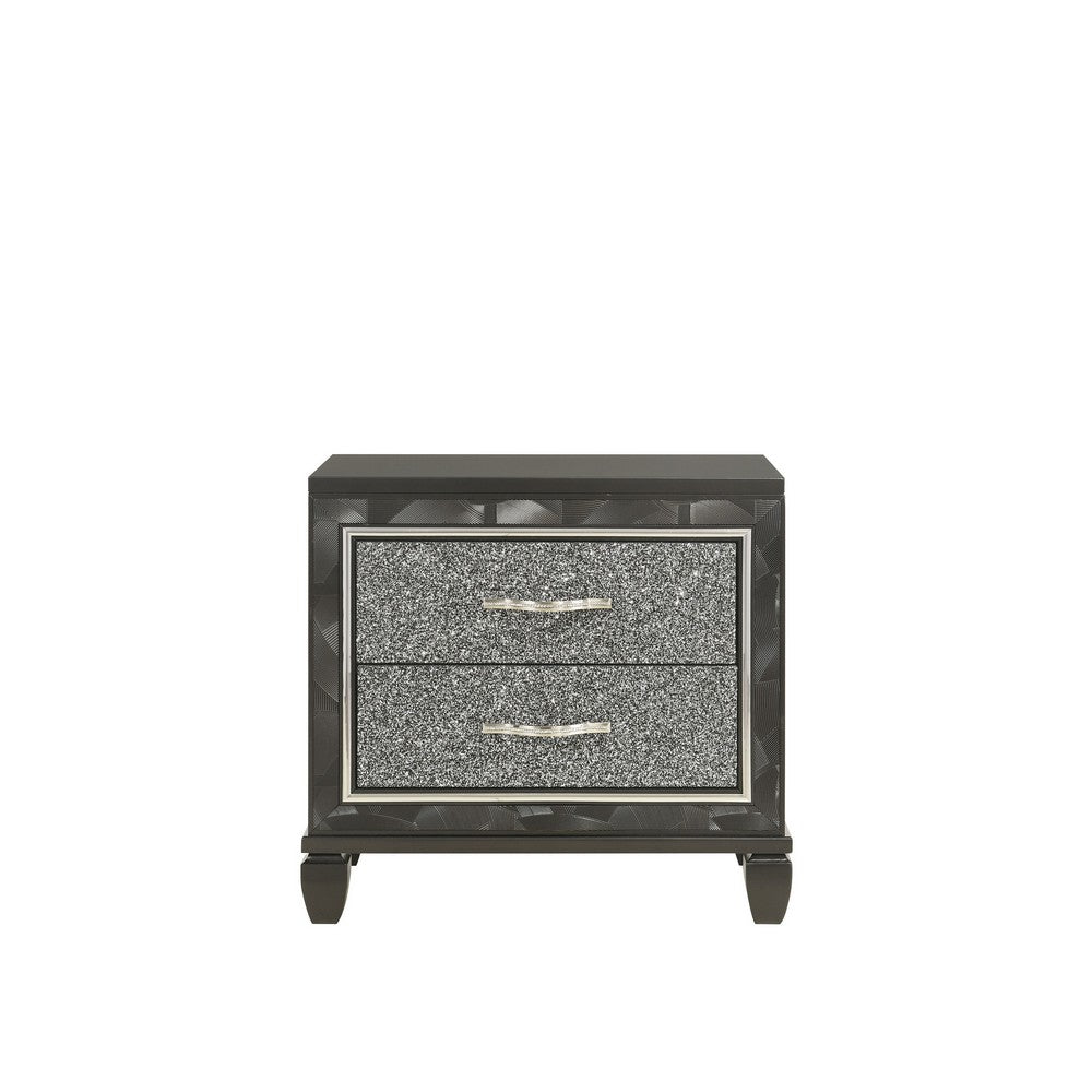 Benjara Ren 28 Inch Nightstand with 2 Glitter Front Storage Drawers, Black, Silver