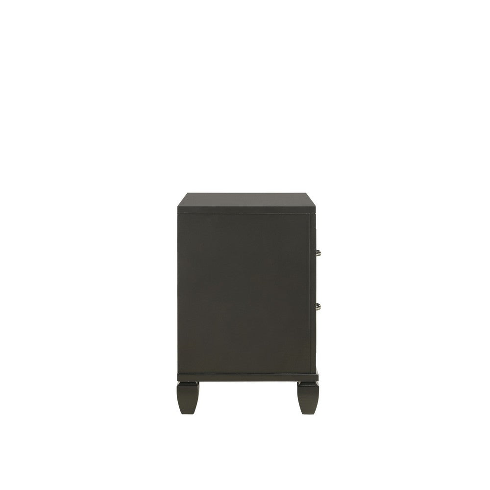Benjara Ren 28 Inch Nightstand with 2 Glitter Front Storage Drawers, Black, Silver