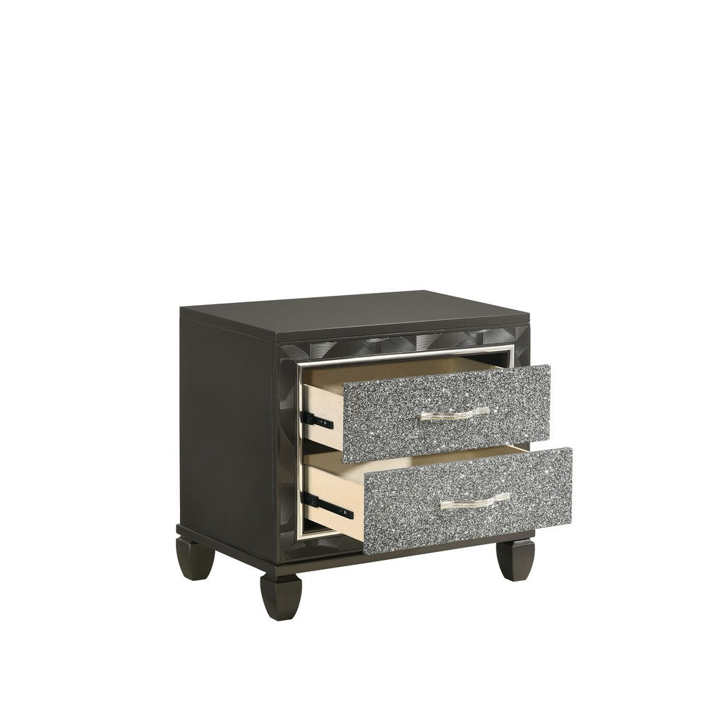 Benjara Ren 28 Inch Nightstand with 2 Glitter Front Storage Drawers, Black, Silver