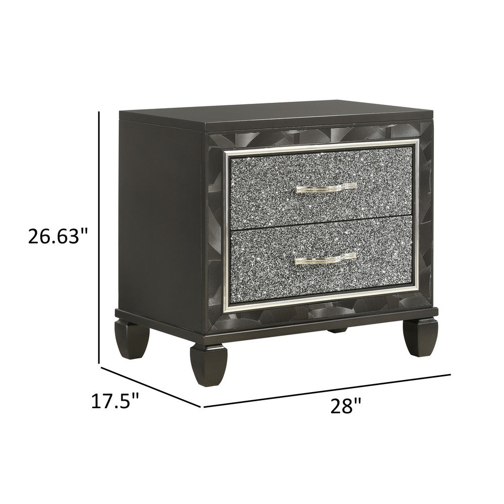 Benjara Ren 28 Inch Nightstand with 2 Glitter Front Storage Drawers, Black, Silver