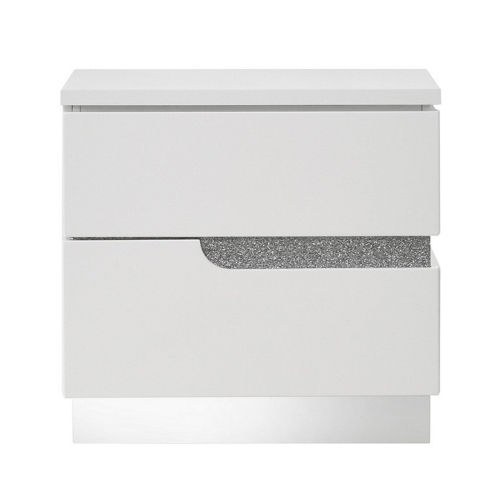 Benjara Ara 23 Inch Nightstand, 2 Drawers, Crystal Accents, White Laminate Finish