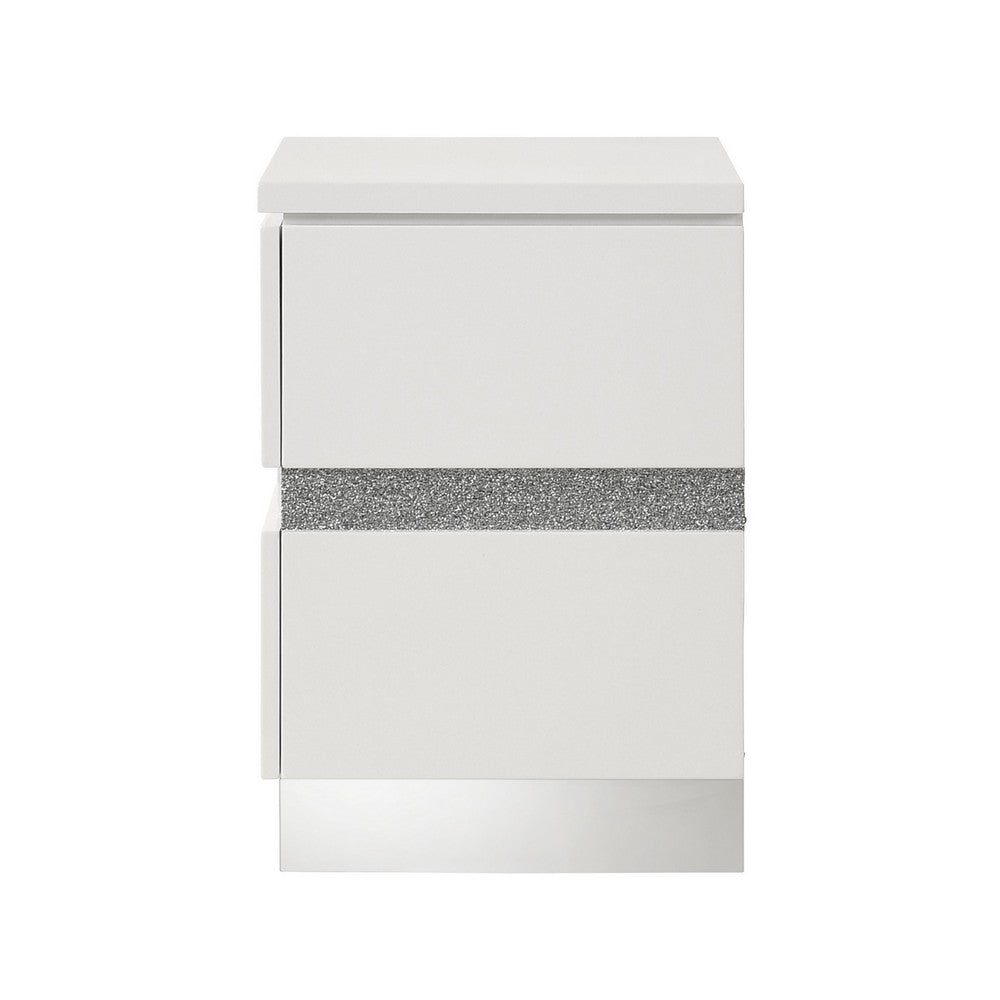 Benjara Ara 23 Inch Nightstand, 2 Drawers, Crystal Accents, White Laminate Finish