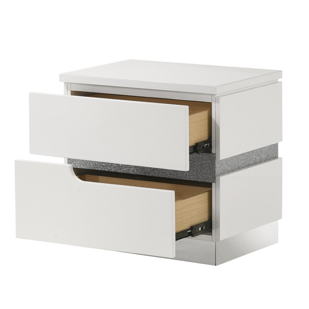Benjara Ara 23 Inch Nightstand, 2 Drawers, Crystal Accents, White Laminate Finish