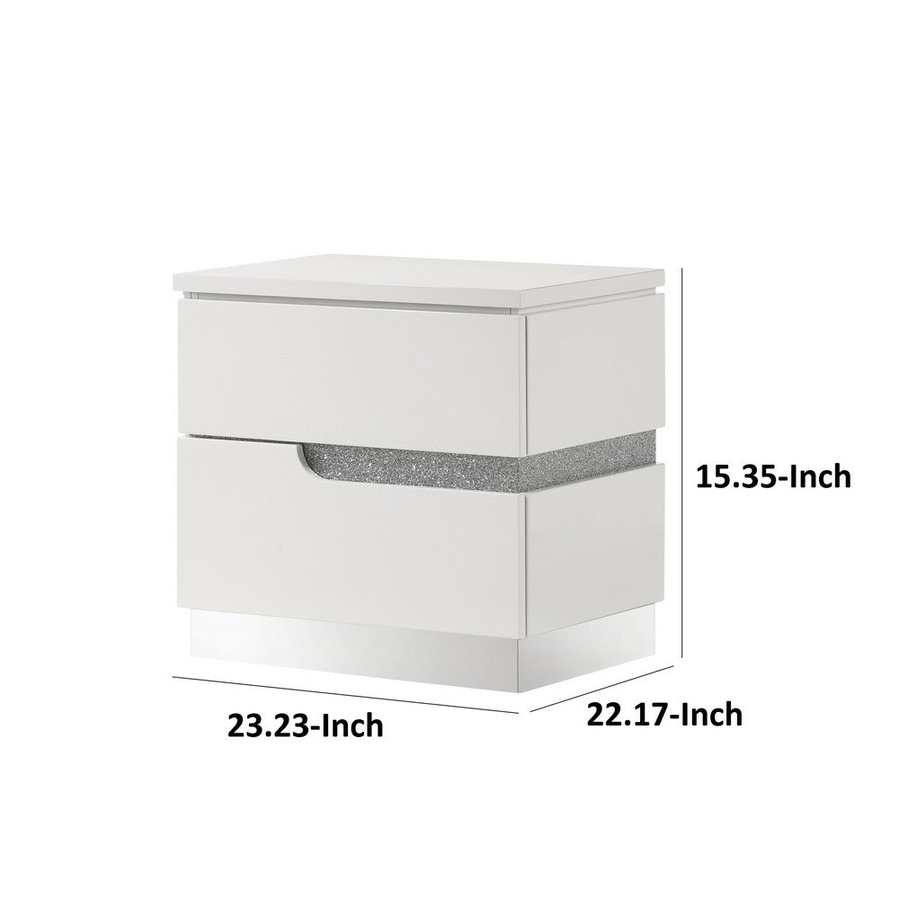 Benjara Ara 23 Inch Nightstand, 2 Drawers, Crystal Accents, White Laminate Finish