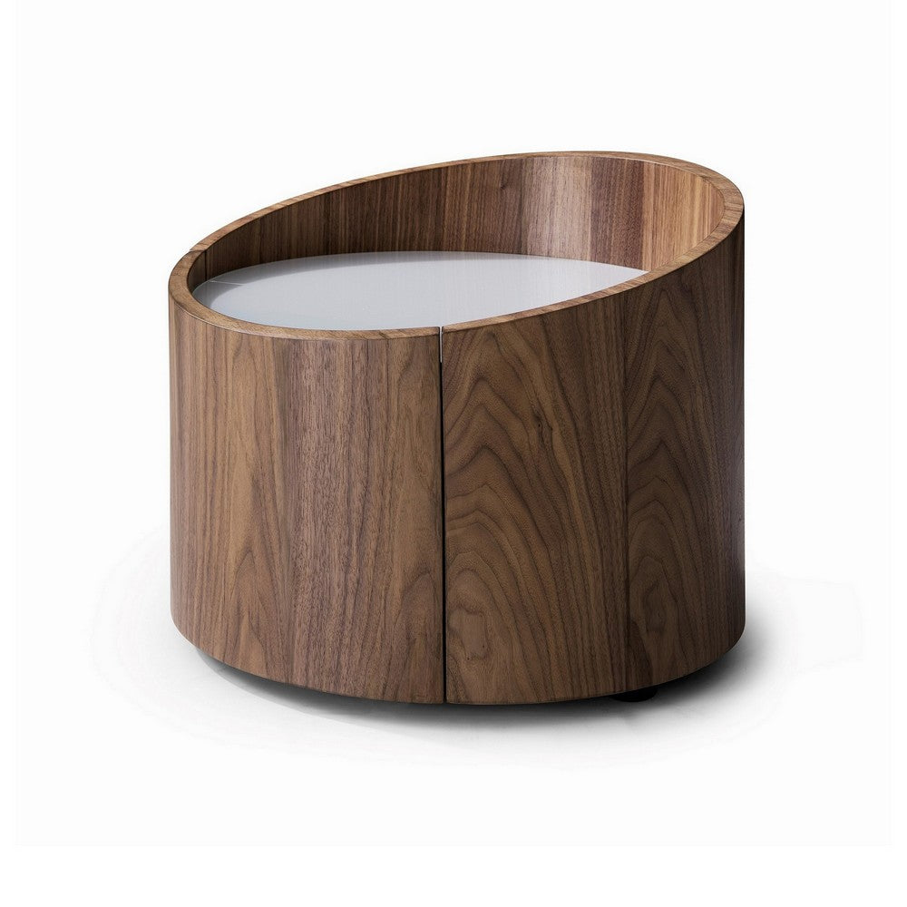 Benjara 21 Inch Nightstand, Round Wood Body, Gray Tempered Glass, Walnut Brown