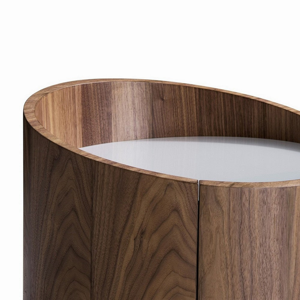 Benjara 21 Inch Nightstand, Round Wood Body, Gray Tempered Glass, Walnut Brown