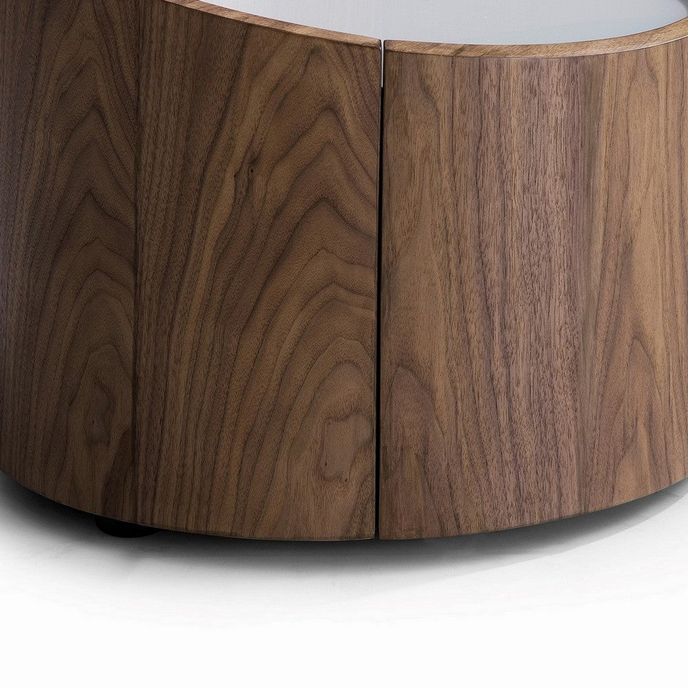 Benjara 21 Inch Nightstand, Round Wood Body, Gray Tempered Glass, Walnut Brown