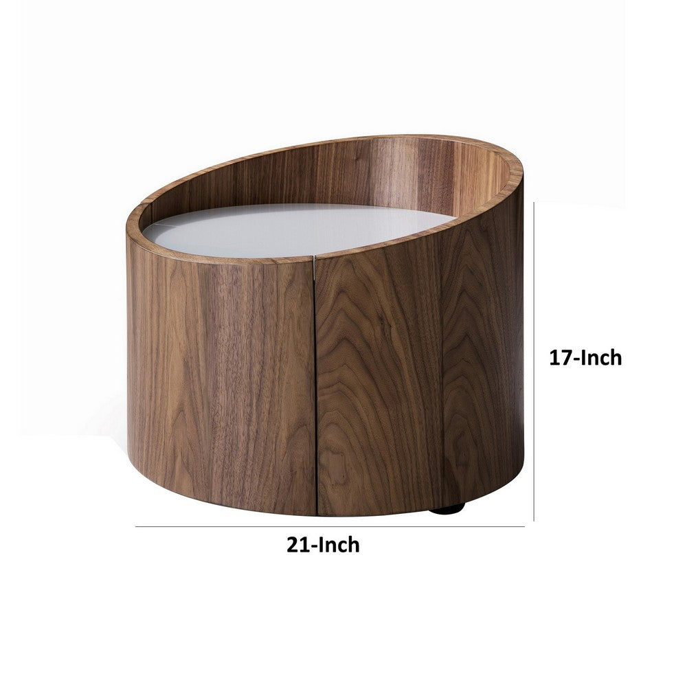 Benjara 21 Inch Nightstand, Round Wood Body, Gray Tempered Glass, Walnut Brown