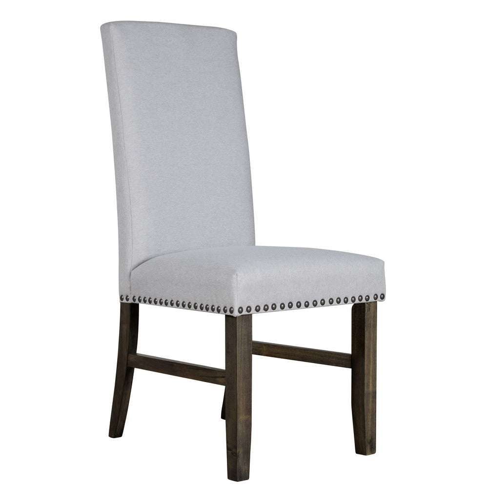Benjara Luo 19 Inch Dining Chairs Set of 2, Nailhead Trim, Gray Fabric, Brown Wood