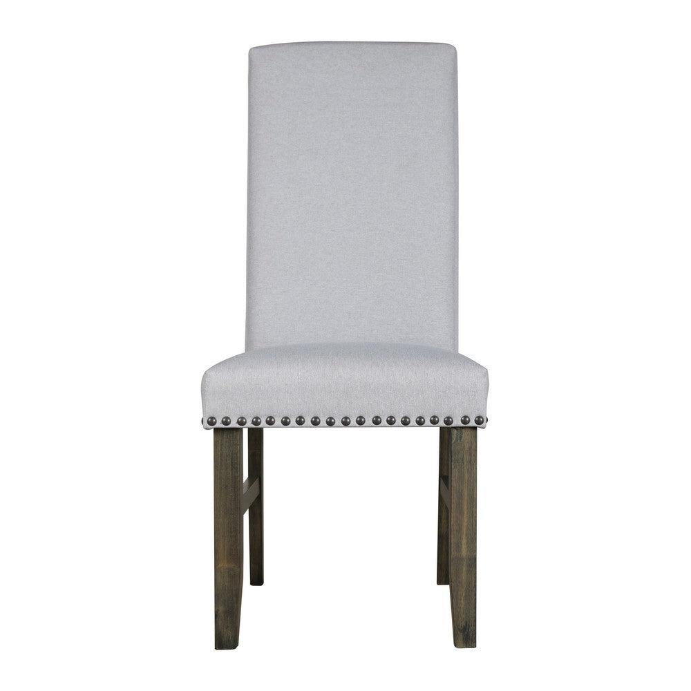 Benjara Luo 19 Inch Dining Chairs Set of 2, Nailhead Trim, Gray Fabric, Brown Wood