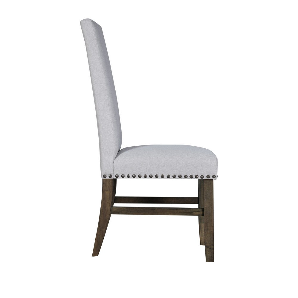 Benjara Luo 19 Inch Dining Chairs Set of 2, Nailhead Trim, Gray Fabric, Brown Wood