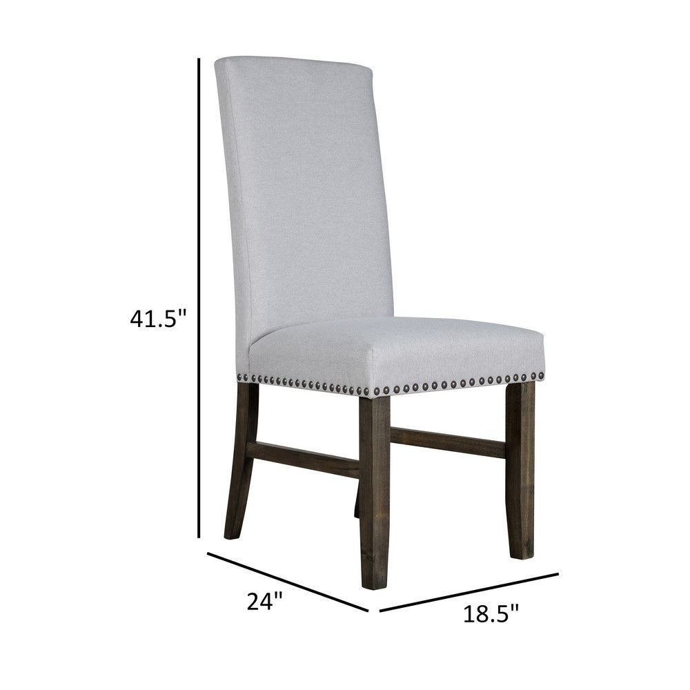 Benjara Luo 19 Inch Dining Chairs Set of 2, Nailhead Trim, Gray Fabric, Brown Wood